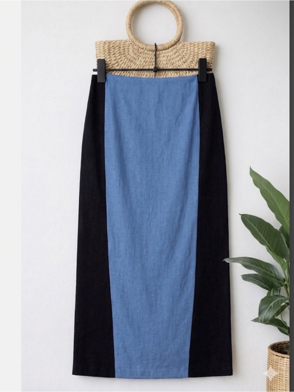 Zara Linen Blend Colorblock Blue and Black Pencil Skirt Size Medium